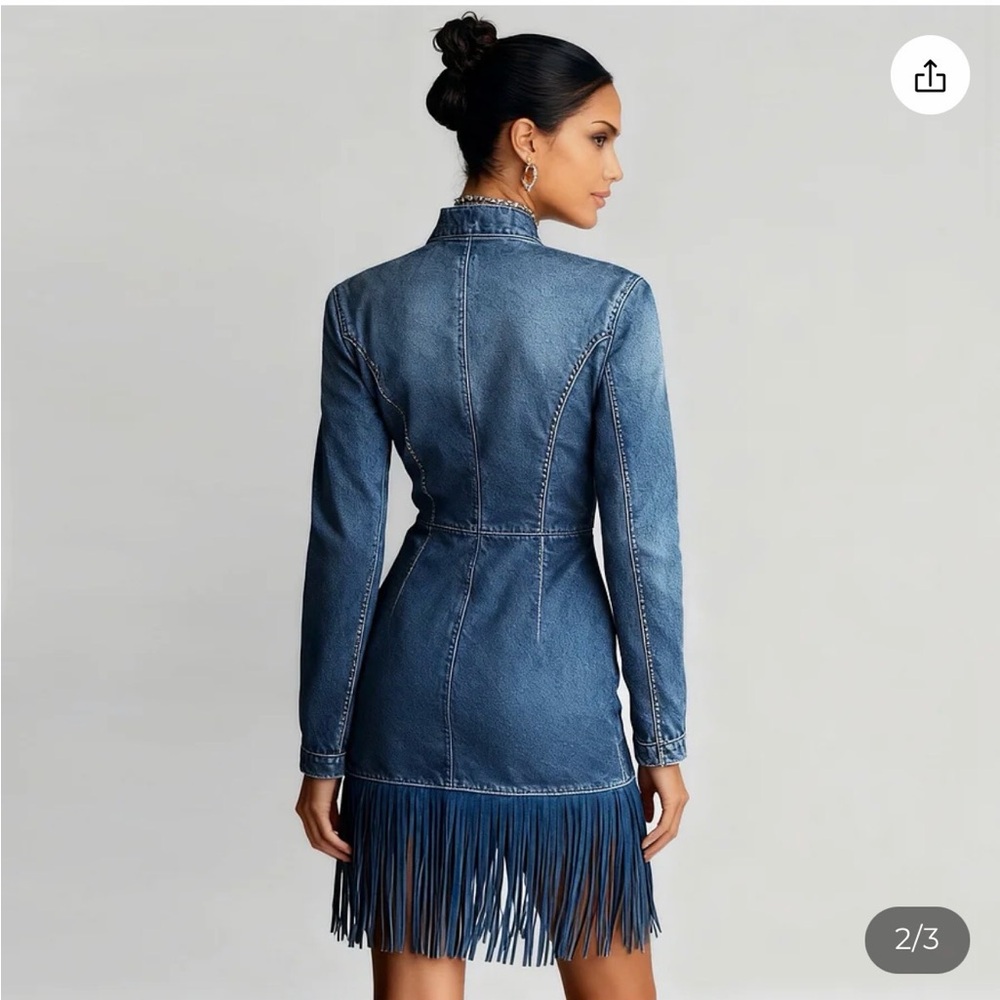 Elegant Blue Denim Fringe Dress - Picture 3 of 6